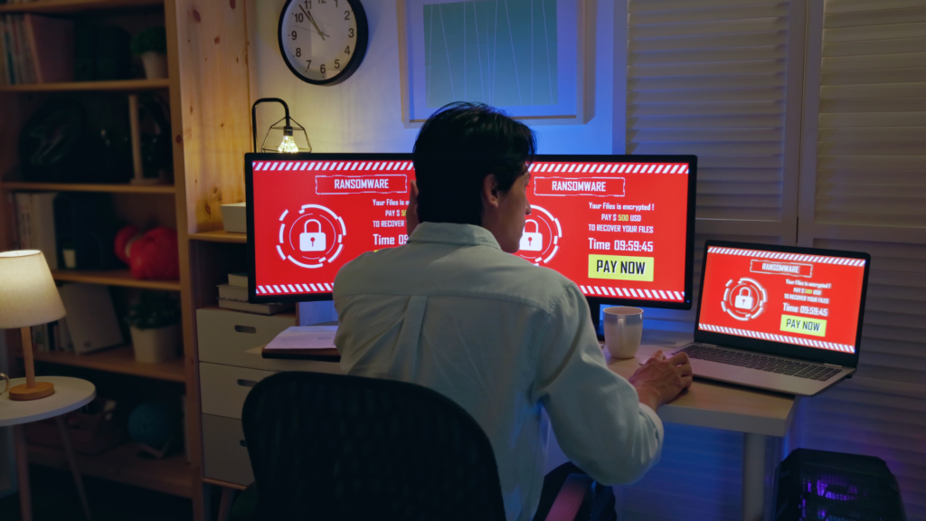 Person sat in front of computer with ransomware warning on the screen.